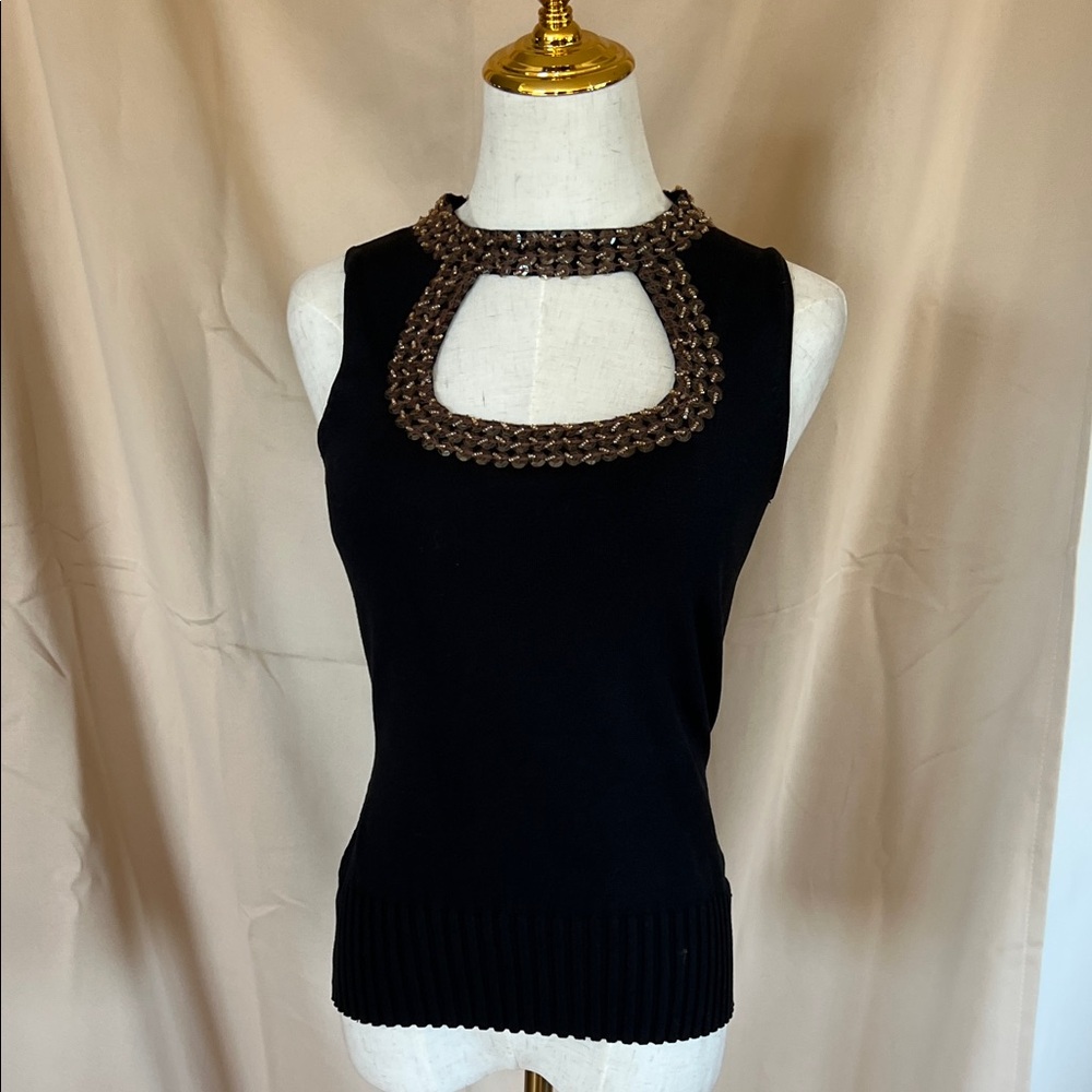 Black Cache Sleeveless Knit Top with Brown sparkle Chain Trim